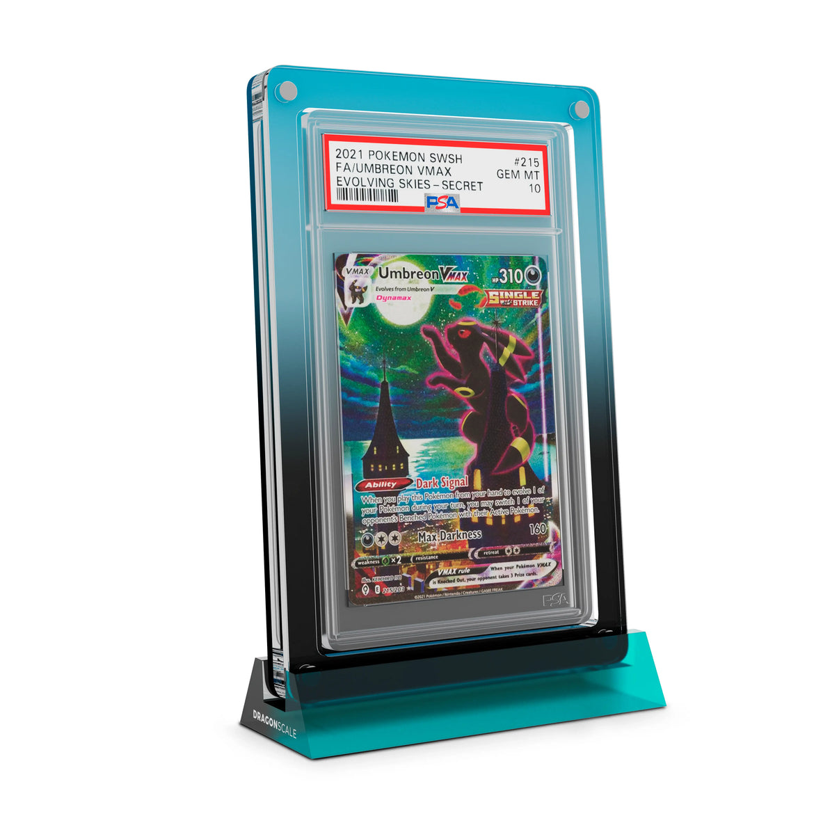 Dragonscale Wyrmshard Large acrylic display stand featuring a Umbreon VMAX  Evolving Skies PSA 10 Pokemon card slab with a bumper guard in gradient spectral.
