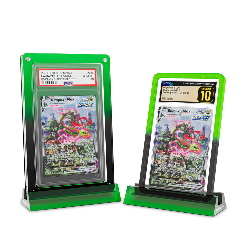 Two Large Dragonscale Wyrmshard acrylic stands displaying a Rayquaza VMAX Evolving Skies PSA 10 slab and a CGC Pokémon card with a Venom Gradient bumper guard.