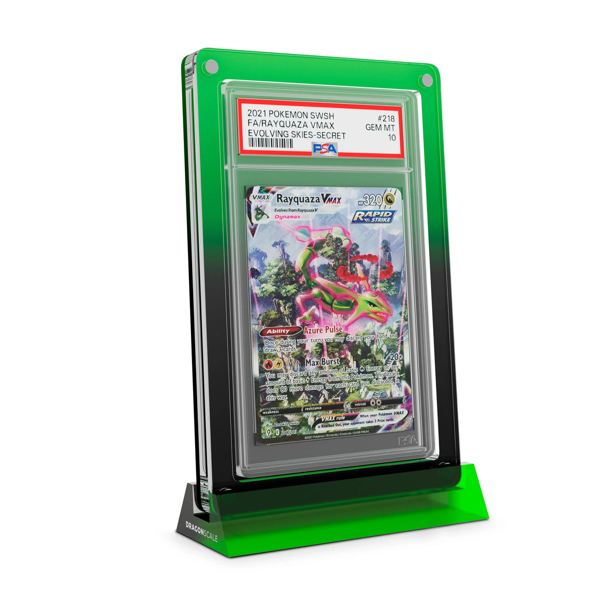 Dragonscale Wyrmshard Large acrylic display stand featuring a Rayquaza VMAX Evolving Skies PSA 10 Pokemon card slab with a bumper guard in gradient venom.