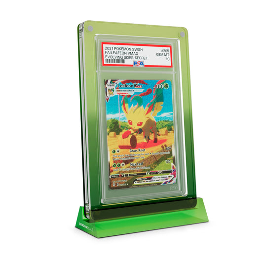Dragonscale Wyrmshard Large acrylic display stand featuring a Leafeon VMAX Evolving Skies PSA 10 Pokemon card slab with a bumper guard in gradient verdant.