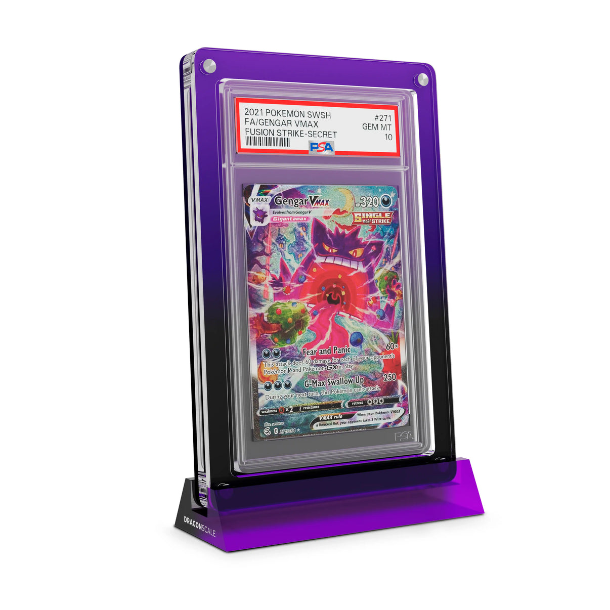 Dragonscale Wyrmshard Large acrylic display stand featuring a Gengar VMAX Fusion Strike PSA 10 Pokemon card slab with a bumper guard in gradient void.