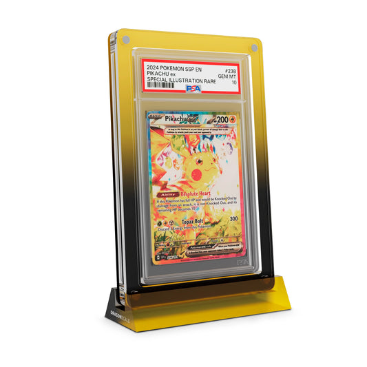 Dragonscale Wyrmshard Large acrylic display stand featuring a Pikachu Ex Surging Sparks PSA 10 Pokemon card slab with a bumper guard in gradient voltage.