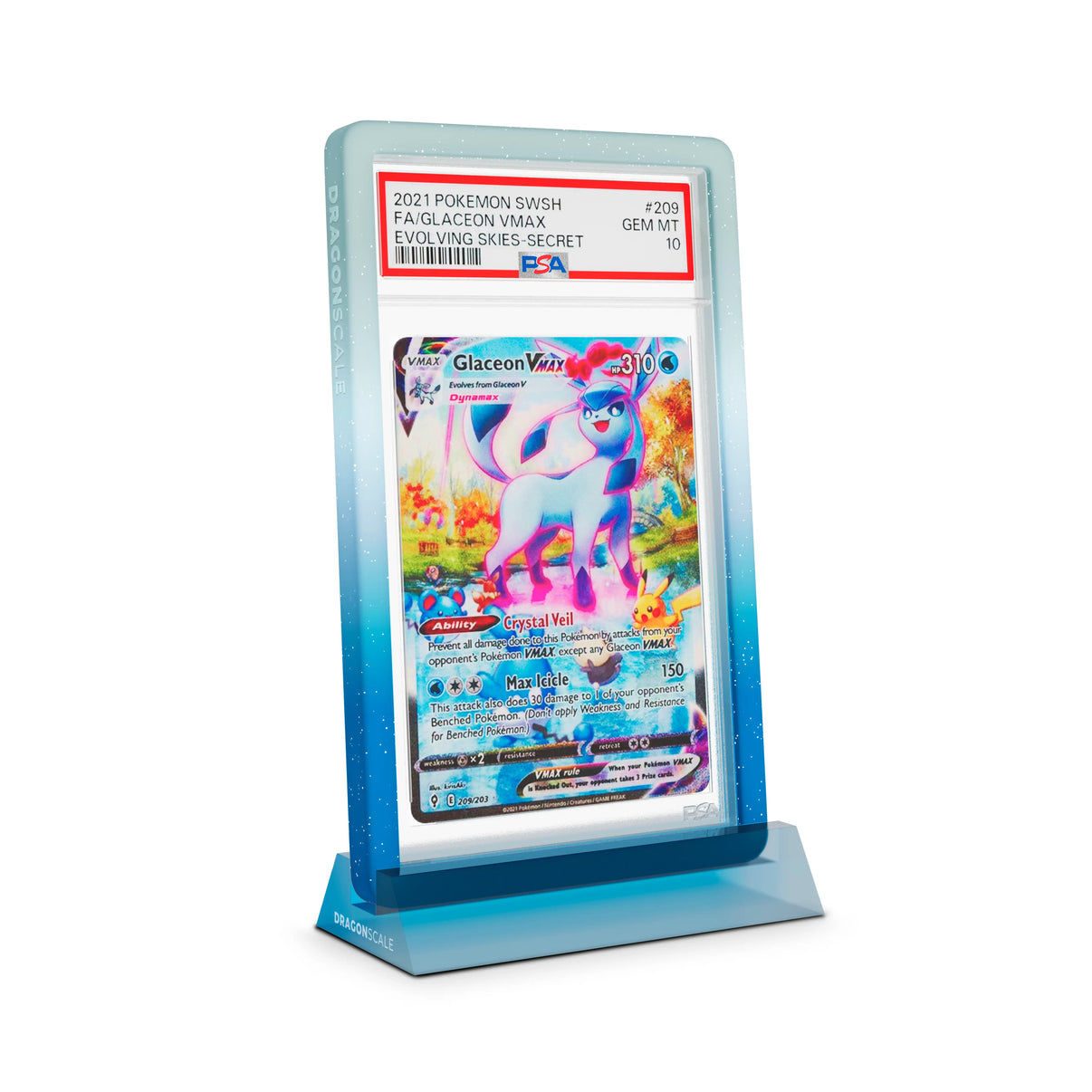 Dragonscale Wyrmshard Small acrylic display stand featuring a Glaceon VMAX Evolving Skies PSA 10 Pokemon card slab with a bumper guard in gradient aqua.