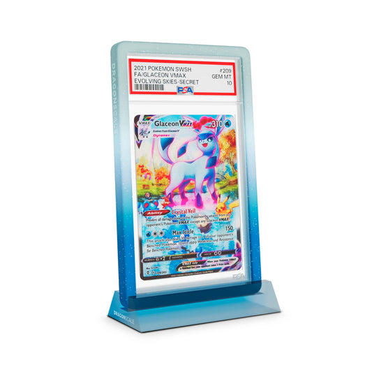 Dragonscale Wyrmshard Small acrylic display stand featuring a Glaceon VMAX Evolving Skies PSA 10 Pokemon card slab with a bumper guard in gradient aqua.