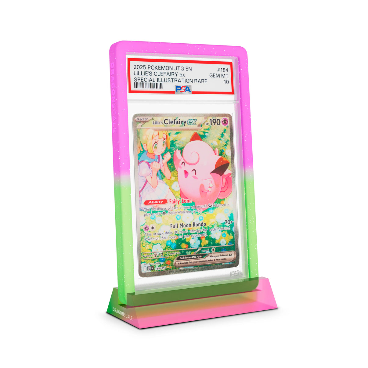Dragonscale Wyrmshard Small acrylic display stand featuring a Lillie’s Clefairy EX Journey Together PSA 10 Pokemon card slab with a bumper guard in gradient aurora.