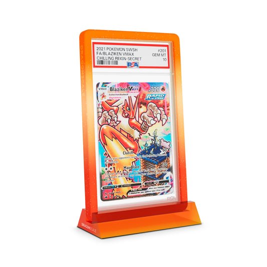 Dragonscale Wyrmshard Small acrylic display stand featuring a Blaziken VMAX PSA 10 Pokemon card slab with a bumper guard in gradient blaze.