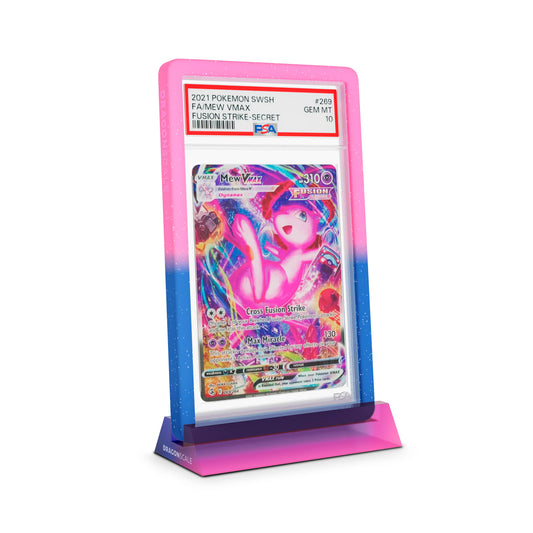 Dragonscale Wyrmshard Small acrylic display stand featuring a Mew VMAX Fusion Strike PSA 10 Pokemon card slab with a bumper guard in gradient cosmic.