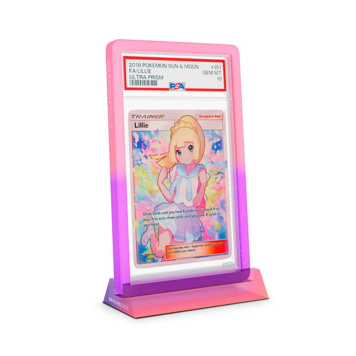 Dragonscale Wyrmshard Small acrylic display stand featuring a Lillie Sun & Moon PSA 10 Pokemon card slab with a bumper guard in gradient fairy.