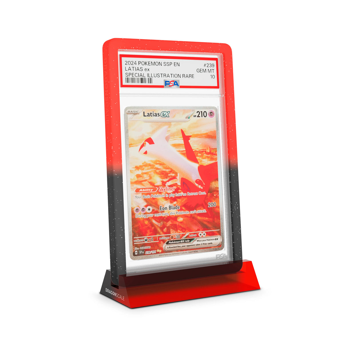 Dragonscale Wyrmshard Small acrylic display stand featuring a Latias EX Surging Sparks PSA 10 Pokemon card slab with a bumper guard in gradient infernal.