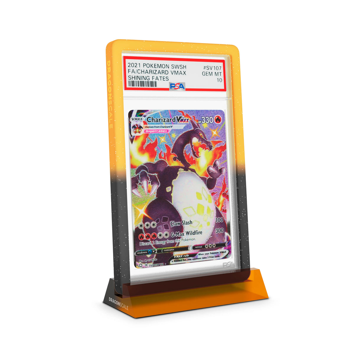 Dragonscale Wyrmshard Small acrylic display stand featuring a Charizard VMAX Shining Fates PSA 10 Pokemon card slab with a bumper guard in gradient magma.