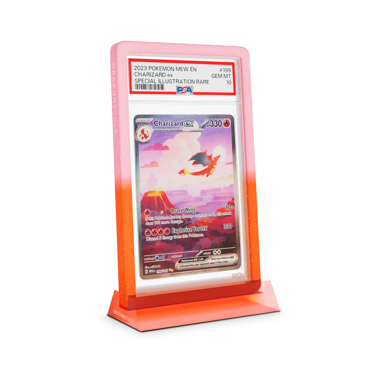 Dragonscale Wyrmshard Small acrylic display stand featuring a Charizard EX Mew 151 PSA 10 Pokemon card slab with a bumper guard in gradient phoenix.