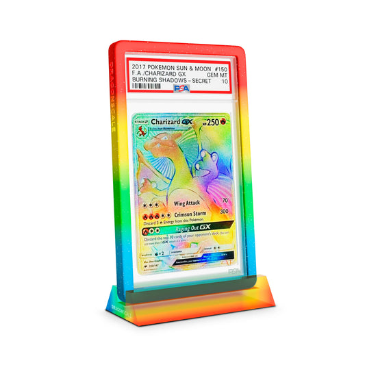 Wyrmshard Small Rainbow Acrylic Display Stand Featuring Charizard GX (Secret) Burning Shadows PSA 10 – Dragonscale Supplies