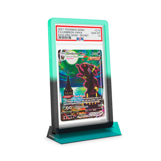 Dragonscale Wyrmshard Small acrylic display stand featuring a Umbreon VMAX  Evolving Skies PSA 10 Pokemon card slab with a bumper guard in gradient spectral.