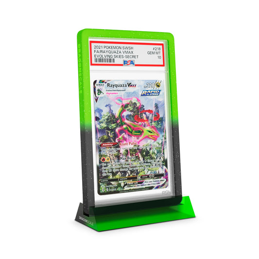 Dragonscale Wyrmshard Small acrylic display stand featuring a Rayquaza VMAX Evolving Skies PSA 10 Pokemon card slab with a bumper guard in gradient venom.