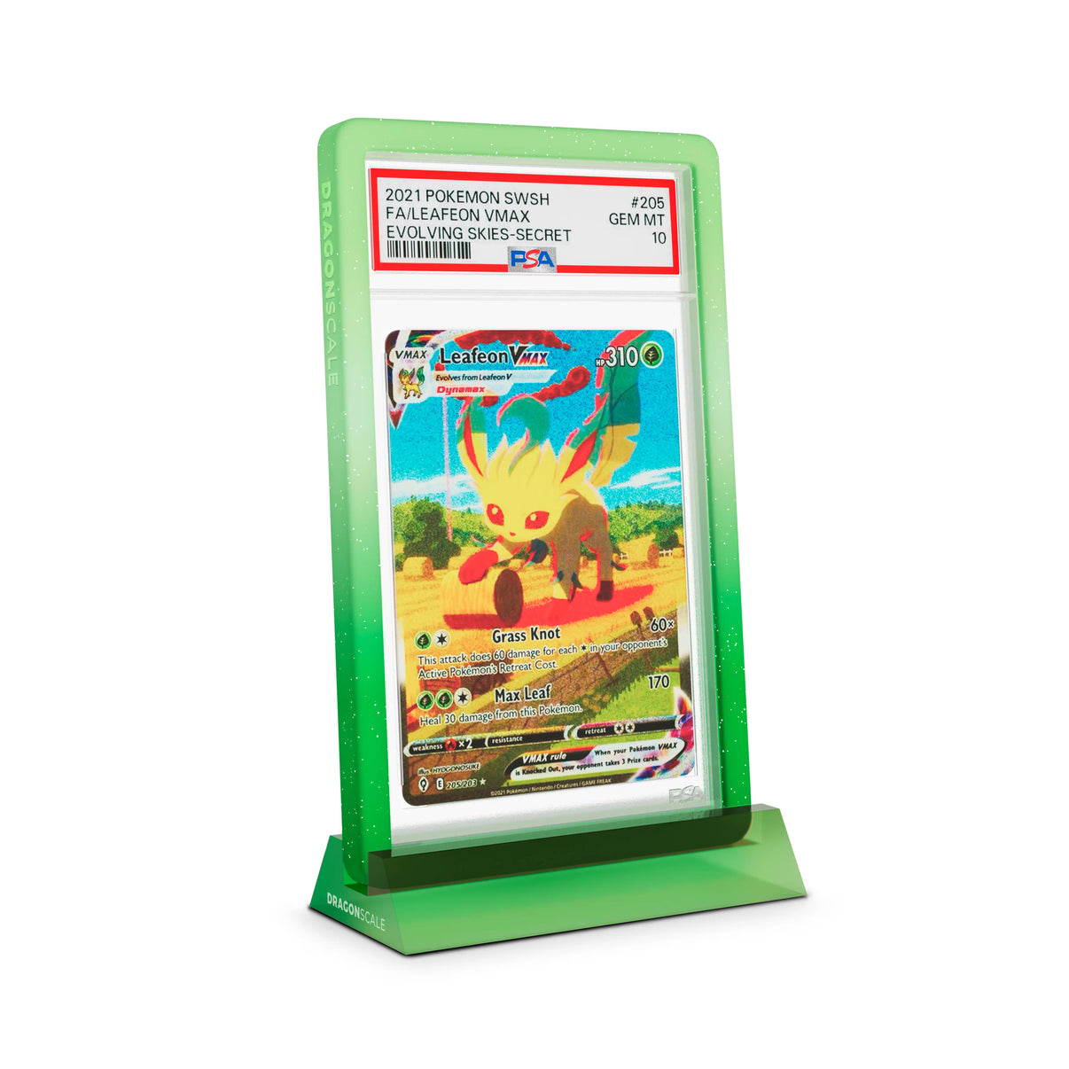 Dragonscale Wyrmshard Small acrylic display stand featuring a Leafeon VMAX Evolving Skies PSA 10 Pokemon card slab with a bumper guard in gradient verdant.