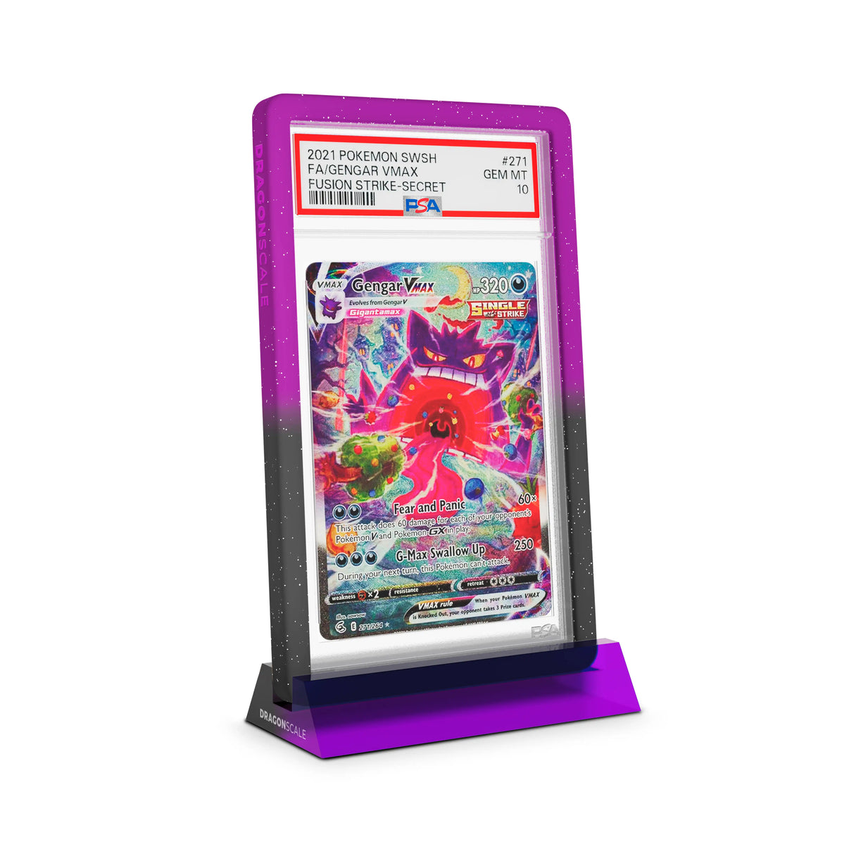 Dragonscale Wyrmshard Small acrylic display stand featuring a Gengar VMAX Fusion Strike PSA 10 Pokemon card slab with a bumper guard in gradient void.