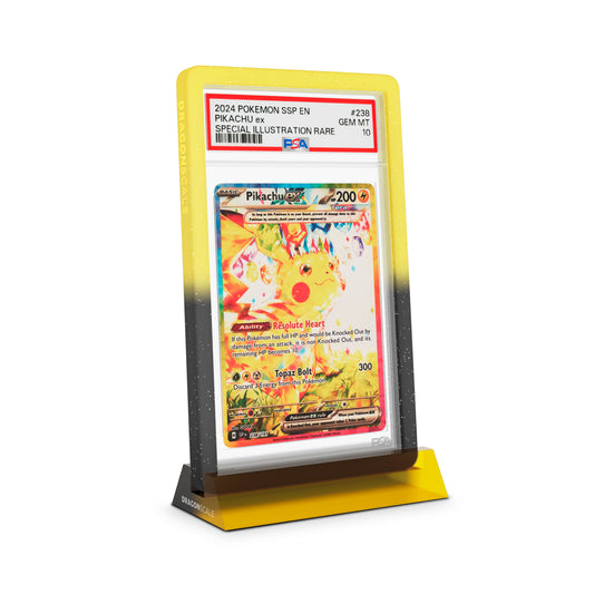 Dragonscale Wyrmshard Small acrylic display stand featuring a Pikachu Ex Surging Sparks PSA 10 Pokemon card slab with a bumper guard in gradient voltage.
