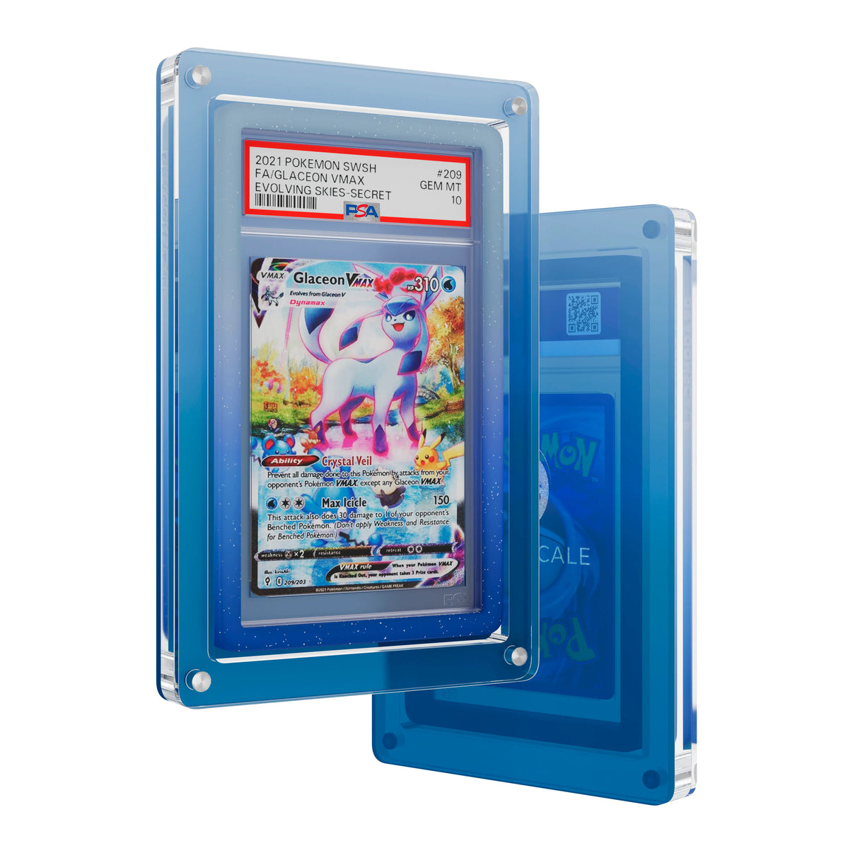 Front and back view of the Dragonscale Wyrmslate Aqua GPSA acrylic display frame, featuring a Glaceon VMAX Evolving Skies PSA 10 Pokemon card slab.