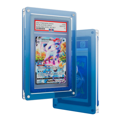 Front and back view of the Dragonscale Wyrmslate Aqua GPSA acrylic display frame, featuring a Glaceon VMAX Evolving Skies PSA 10 Pokemon card slab.