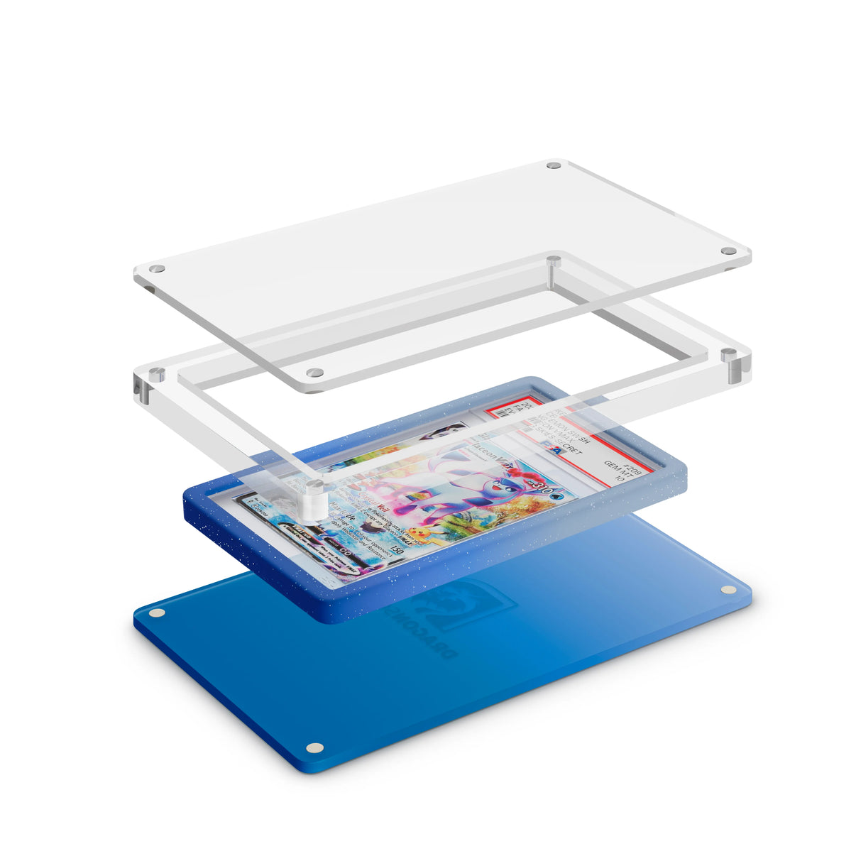 Expanded layered view of the Dragonscale Wyrmslate Aqua GPSA acrylic display frame with a  Glaceon VMAX Evolving Skies PSA 10 Pokemon card slab between transparent panels.
