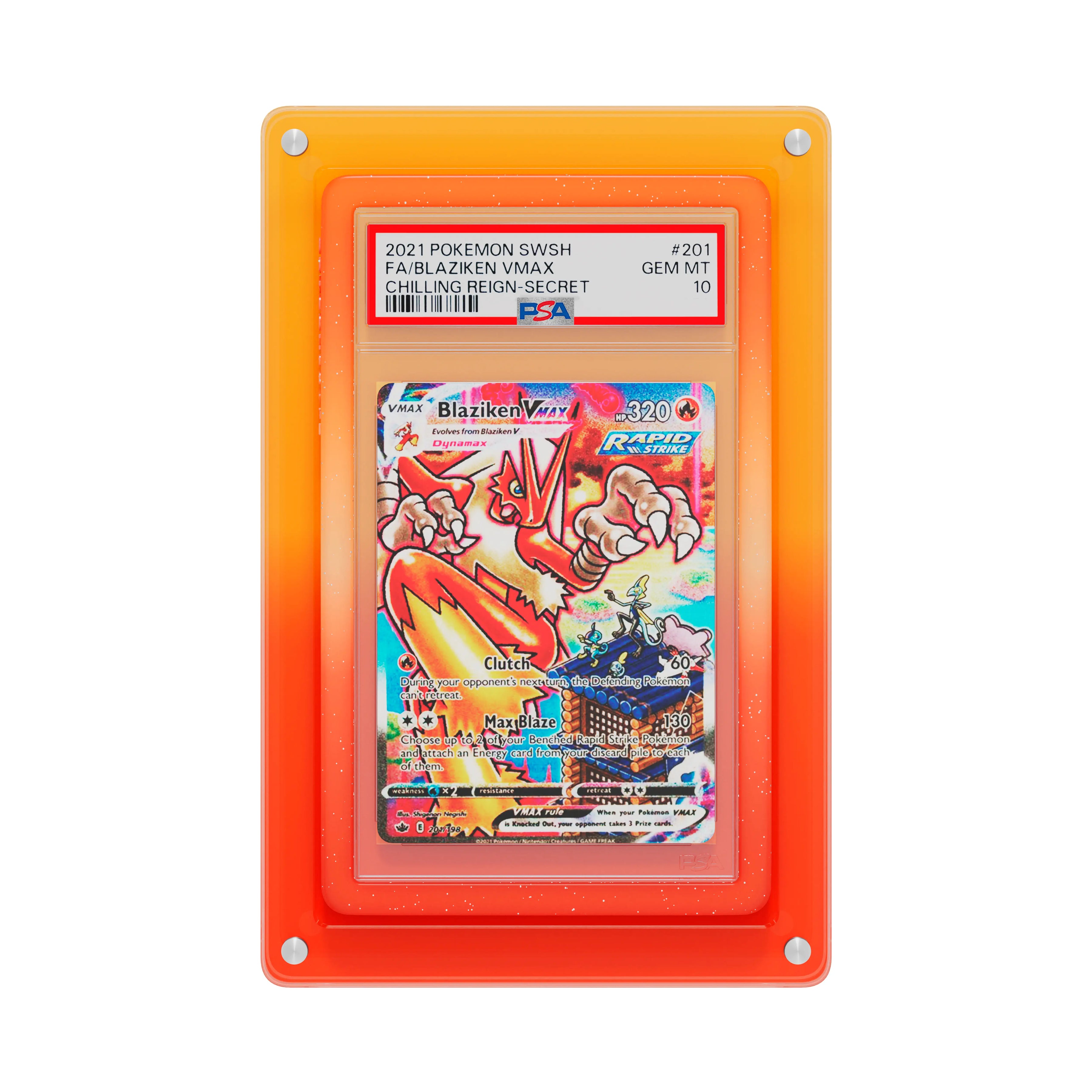 Front-facing view of the Dragonscale Wyrmslate Blaze GPSA acrylic display frame, featuring a Blaziken VMAX Chilling Reign PSA 10 Pokemon card slab with a Dragonscale bumper guard.