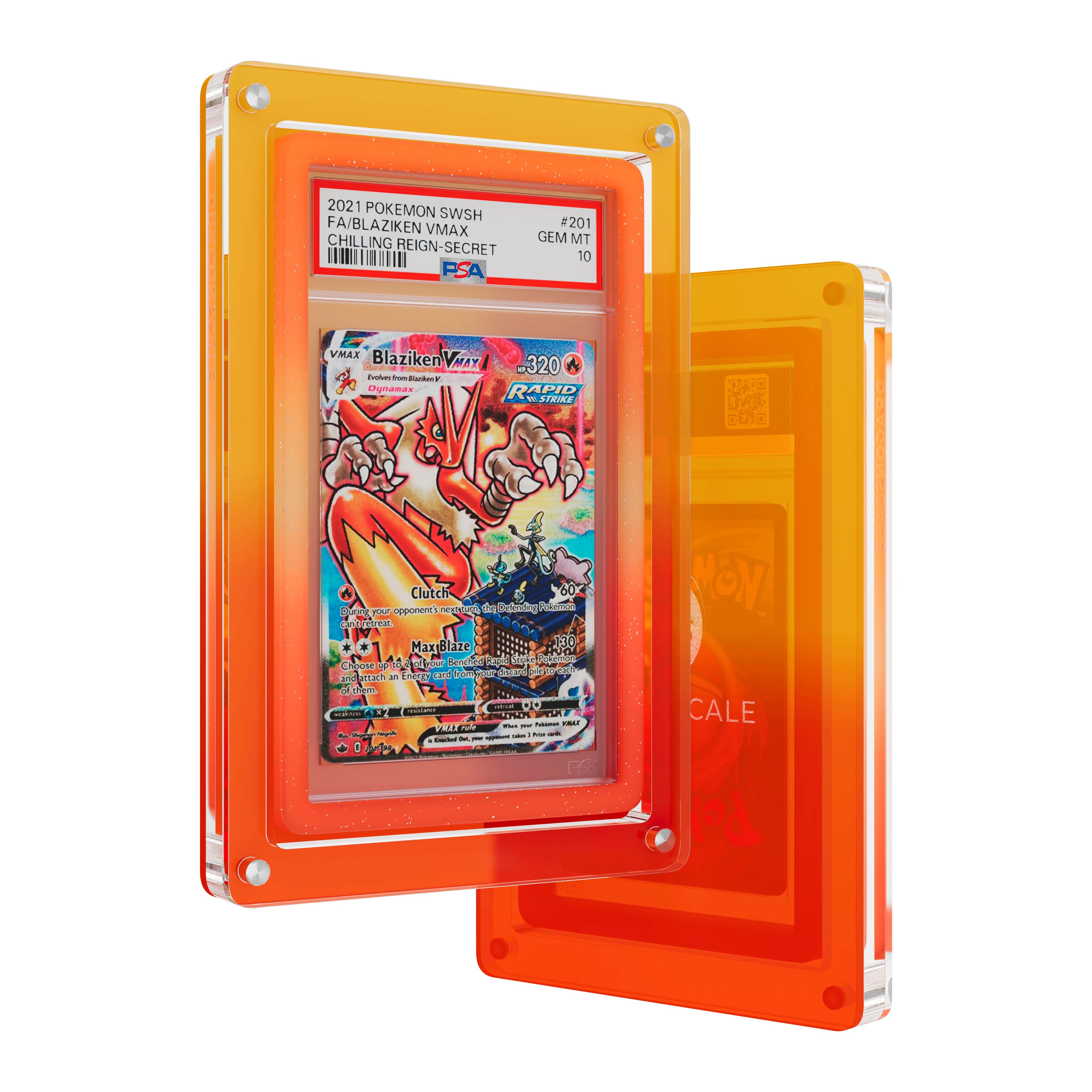 Front and back view of the Dragonscale Wyrmslate Blaze GPSA acrylic display frame, featuring a Blaziken VMAX Chilling Reign PSA 10 Pokemon card slab with a Dragonscale bumper guard.