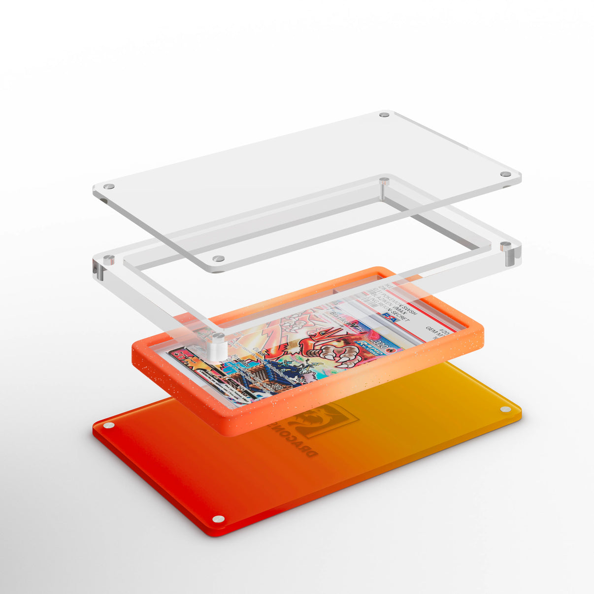 Expanded layered view of the Dragonscale Wyrmslate Blaze GPSA acrylic display frame with a Blaziken VMAX Chilling Reign PSA 10 Pokemon card slab with a Dragonscale bumper guard between transparent panels.