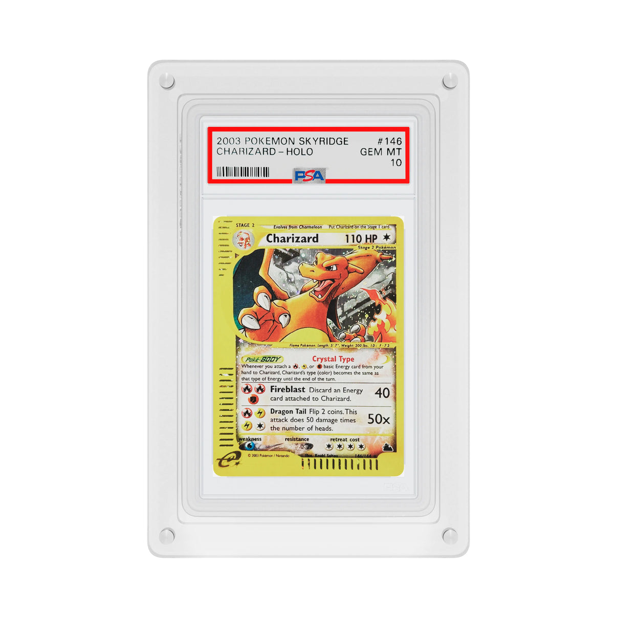 Front-facing view of the Dragonscale Wyrmslate Clear GPSA acrylic display frame, featuring a Charizard Skyridge Crystal PSA 10 Pokemon card slab.