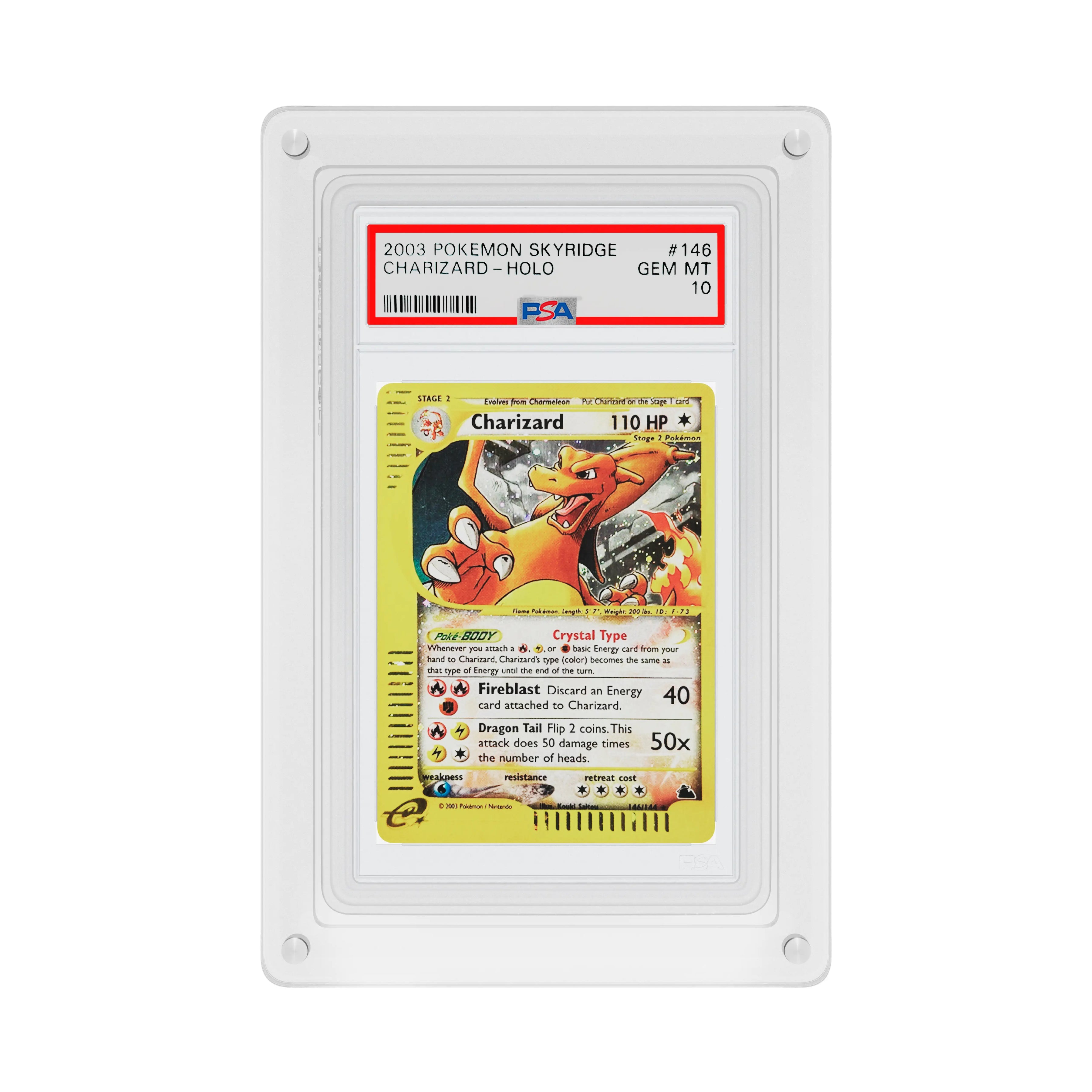 Front-facing view of the Dragonscale Wyrmslate Clear GPSA acrylic display frame, featuring a Charizard Skyridge Crystal PSA 10 Pokemon card slab.