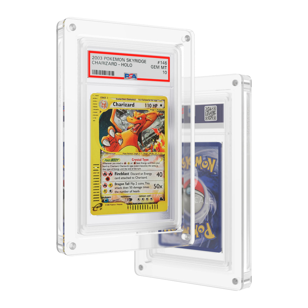 Front and back view of the Dragonscale Wyrmslate Clear GPSA acrylic display frame, featuring a Charizard Skyridge Crystal PSA 10 Pokemon card slab.