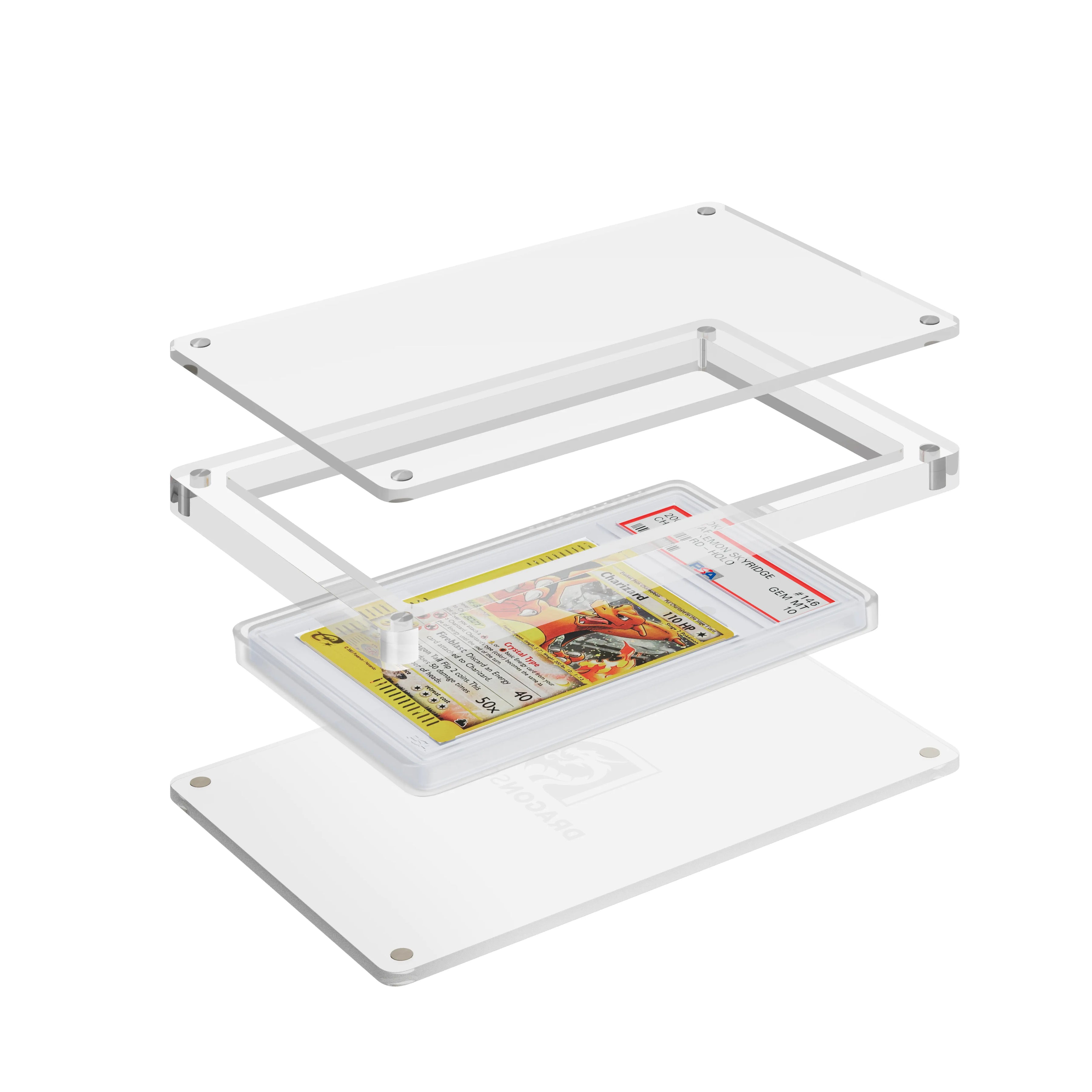 Expanded layered view of the Dragonscale Wyrmslate Clear GPSA acrylic display frame with a Charizard Skyridge Crystal PSA 10 Pokemon card slab between transparent panels.