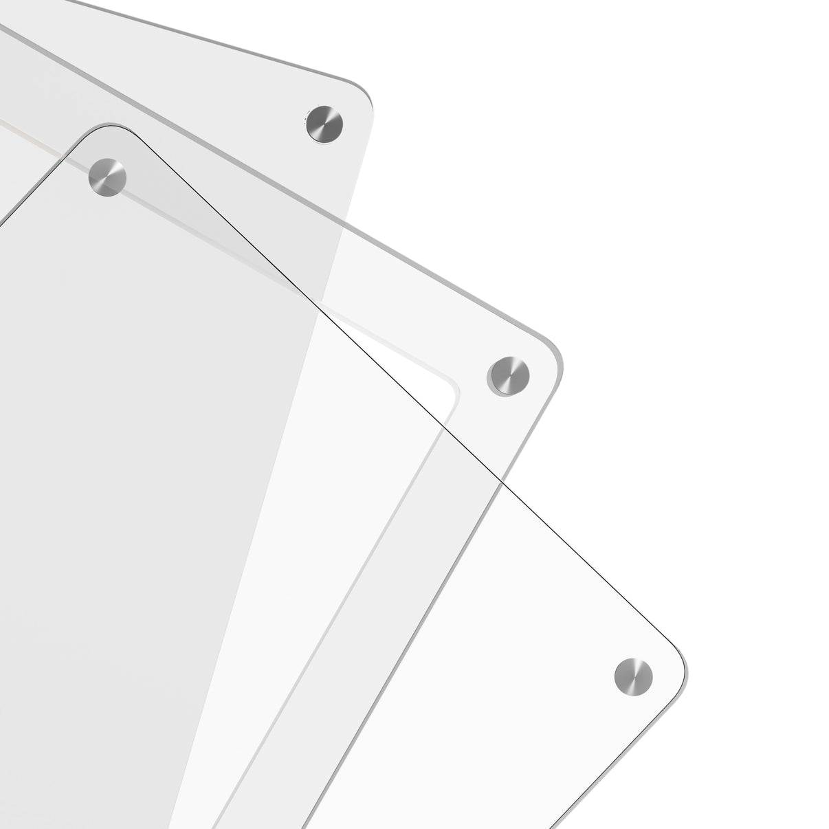 Close-up corner view of the Dragonscale Wyrmslate Clear GPSA acrylic display frame, highlighting the screw fasteners and layered panels.