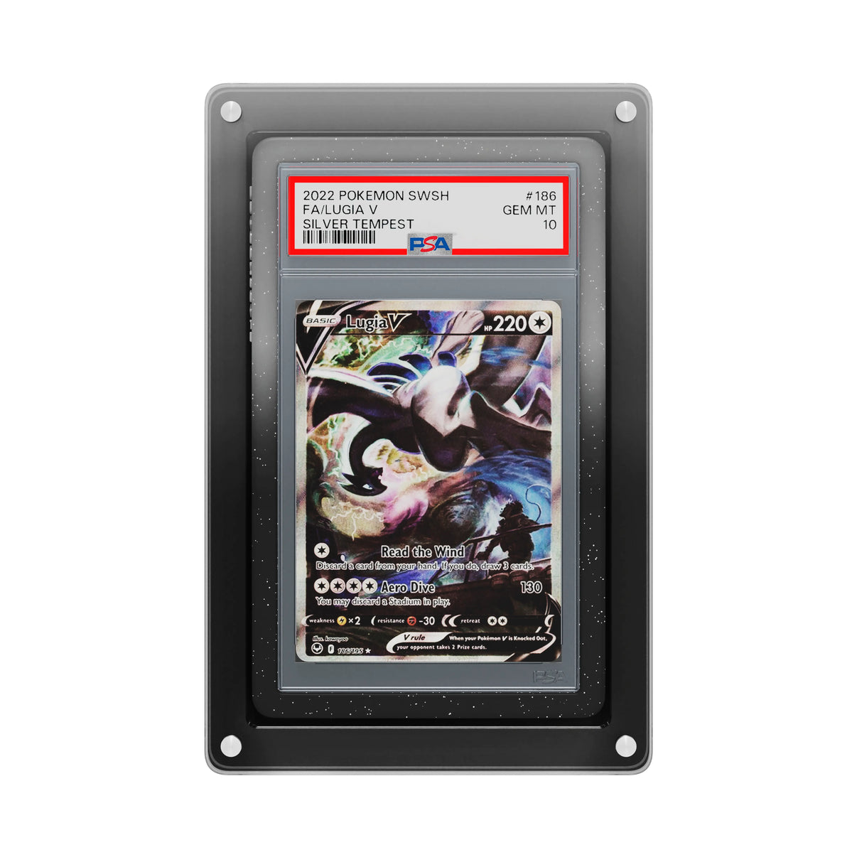 Front-facing view of the Dragonscale Wyrmslate Midnight GPSA acrylic display frame, featuring a Lugia V Silver Tempest PSA 10 Pokemon card slab.