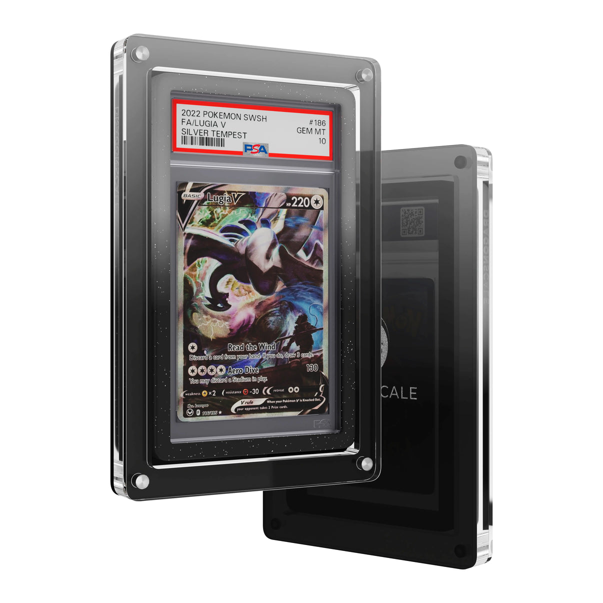 Front and back view of the Dragonscale Wyrmslate Midnight GPSA acrylic display frame, featuring a Lugia V Silver Tempest PSA 10 Pokemon card slab.