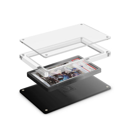 Expanded layered view of the Dragonscale Wyrmslate Midnight GPSA acrylic display frame with a Lugia V Silver Tempest PSA 10 Pokemon card slab between transparent panels.