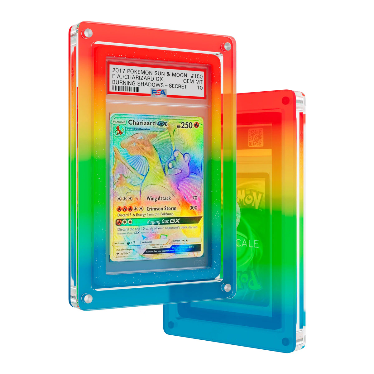 Front and back view of the Dragonscale Wyrmslate Rainbow GPSA Acrylic Display Frame Featuring Charizard GX (Secret) Burning Shadows PSA 10 Pokemon card slab with a bumper guard in mythic rainbow.