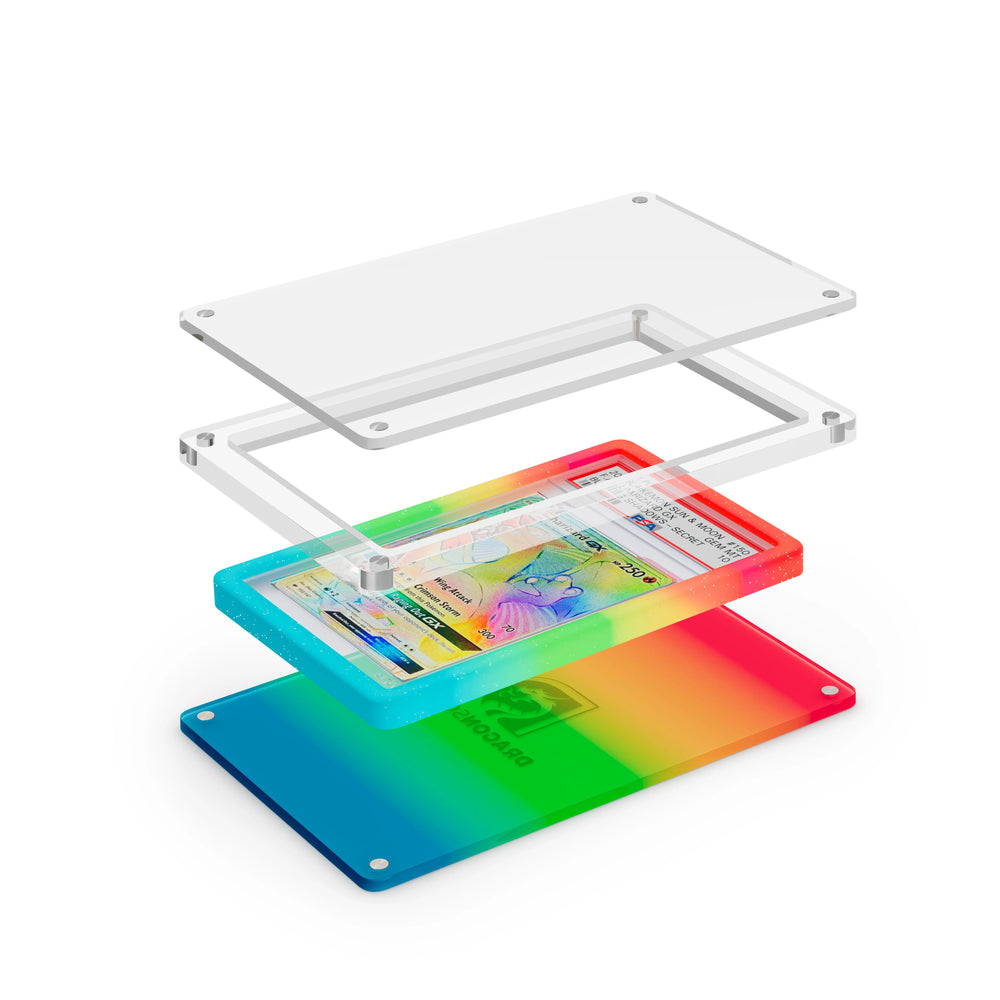 Expanded layered view of the Dragonscale Wyrmslate Rainbow GPSA acrylic display frame with a Charizard GX (Secret) Burning Shadows PSA 10 Pokemon card slab with a bumper guard in mythic rainbow between transparent panels.