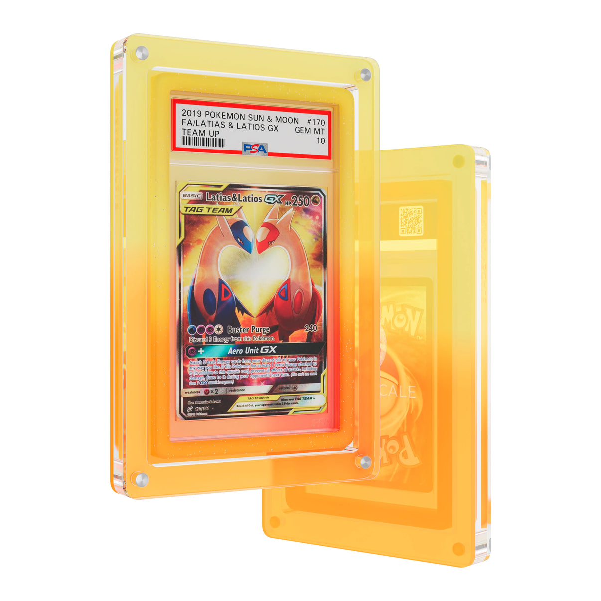 Front and back view of the Dragonscale Wyrmslate Solar GPSA acrylic display frame, featuring a Latias & Latios Gx Sun & Moon Team Up PSA 10 Pokemon card slab.
