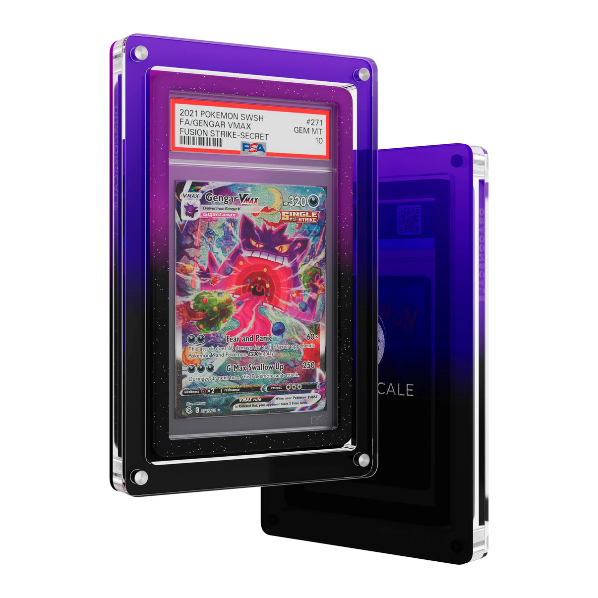 Front and back view of the Dragonscale Wyrmslate Void GPSA acrylic display frame, featuring a Gengar VMAX Fusion Strike PSA 10 Pokemon card slab.