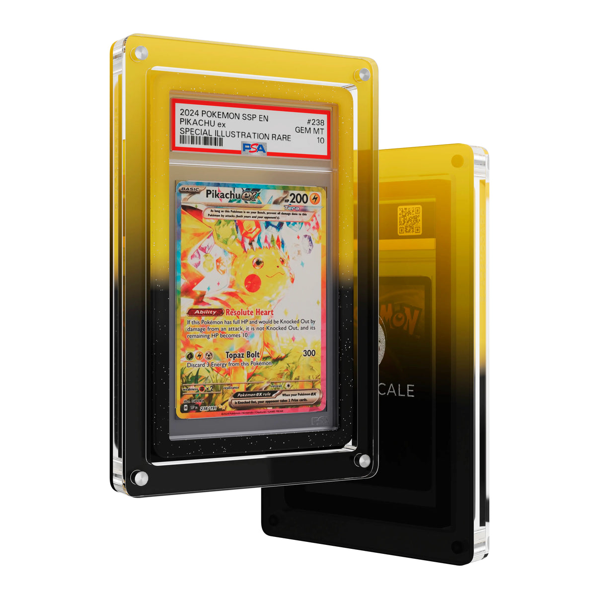 Front and back view of the Dragonscale Wyrmslate Voltage GPSA acrylic display frame, featuring a Pikachu Ex Surging Sparks PSA 10 Pokemon card slab.