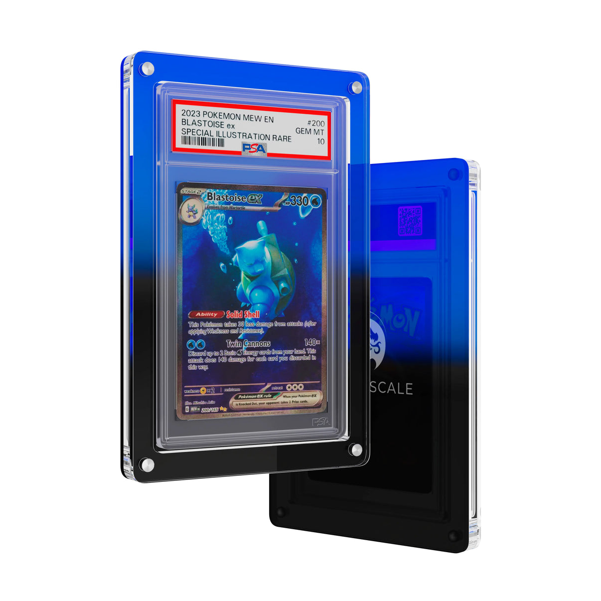 Front and back view of the Dragonscale Wyrmslate Abyssal PSA acrylic display frame, featuring a Blastoise EX Mew 151 PSA 10 Pokemon card slab.
