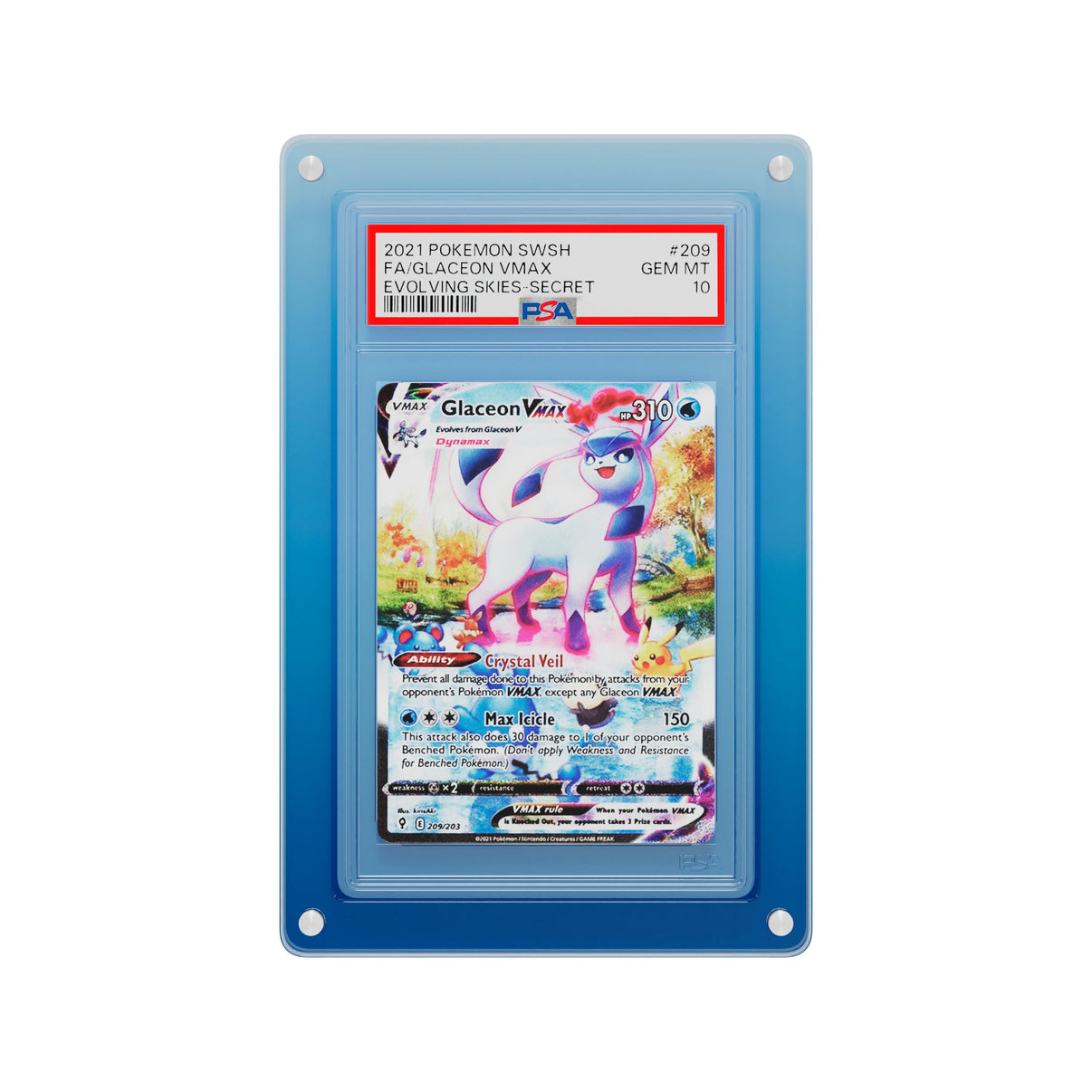 Front-facing view of the Dragonscale Wyrmslate Aqua PSA acrylic display frame, featuring a Glaceon VMAX Evolving Skies PSA 10 Pokemon card slab.