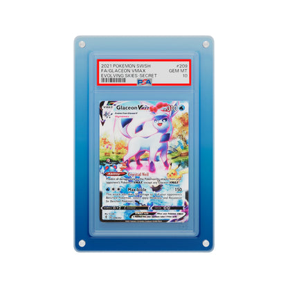 Front-facing view of the Dragonscale Wyrmslate Aqua PSA acrylic display frame, featuring a Glaceon VMAX Evolving Skies PSA 10 Pokemon card slab.