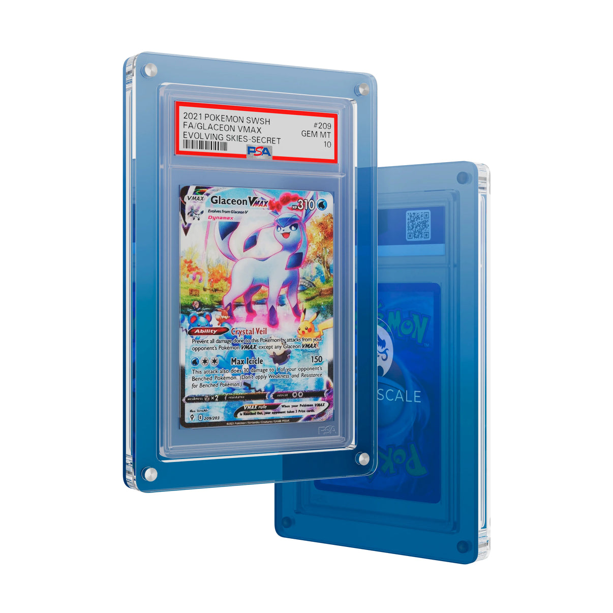 Front and back view of the Dragonscale Wyrmslate Aqua PSA acrylic display frame, featuring a Glaceon VMAX Evolving Skies PSA 10 Pokemon card slab.