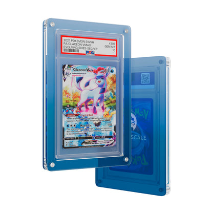Front and back view of the Dragonscale Wyrmslate Aqua PSA acrylic display frame, featuring a Glaceon VMAX Evolving Skies PSA 10 Pokemon card slab.