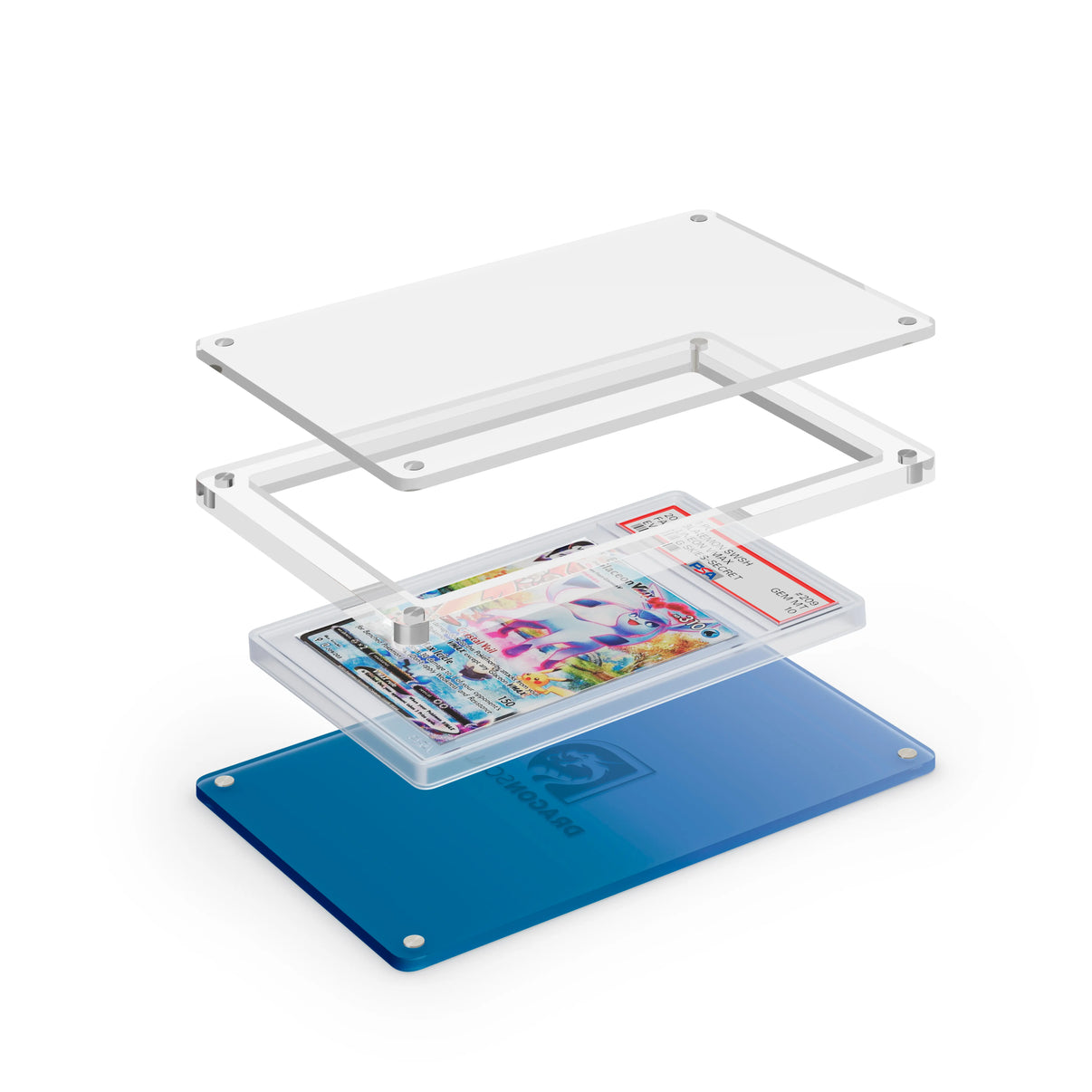Expanded layered view of the Dragonscale Wyrmslate Aqua PSA acrylic display frame with a Glaceon VMAX Evolving Skies PSA 10 Pokemon card slab between transparent panels.