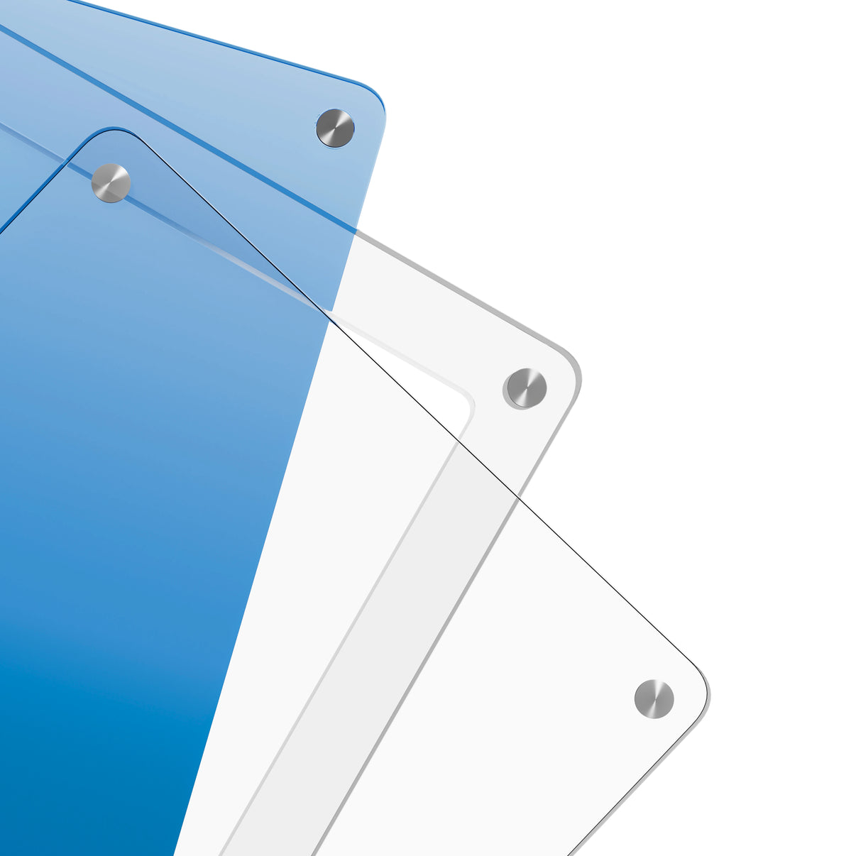 Close-up corner view of the Dragonscale Wyrmslate Aqua PSA acrylic display frame, highlighting the screw fasteners and layered panels.