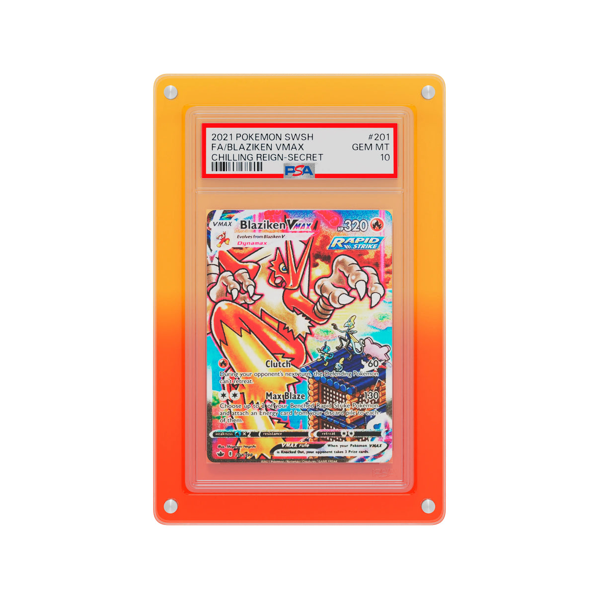 Front-facing view of the Dragonscale Wyrmslate Blaze PSA acrylic display frame, featuring a Blaziken VMAX Chilling Reign PSA 10 Pokemon card slab.