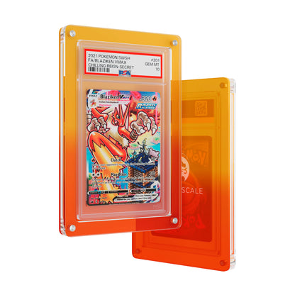 Front and back view of the Dragonscale Wyrmslate Blaze PSA acrylic display frame, featuring a Blaziken VMAX Chilling Reign PSA 10 Pokemon card slab.