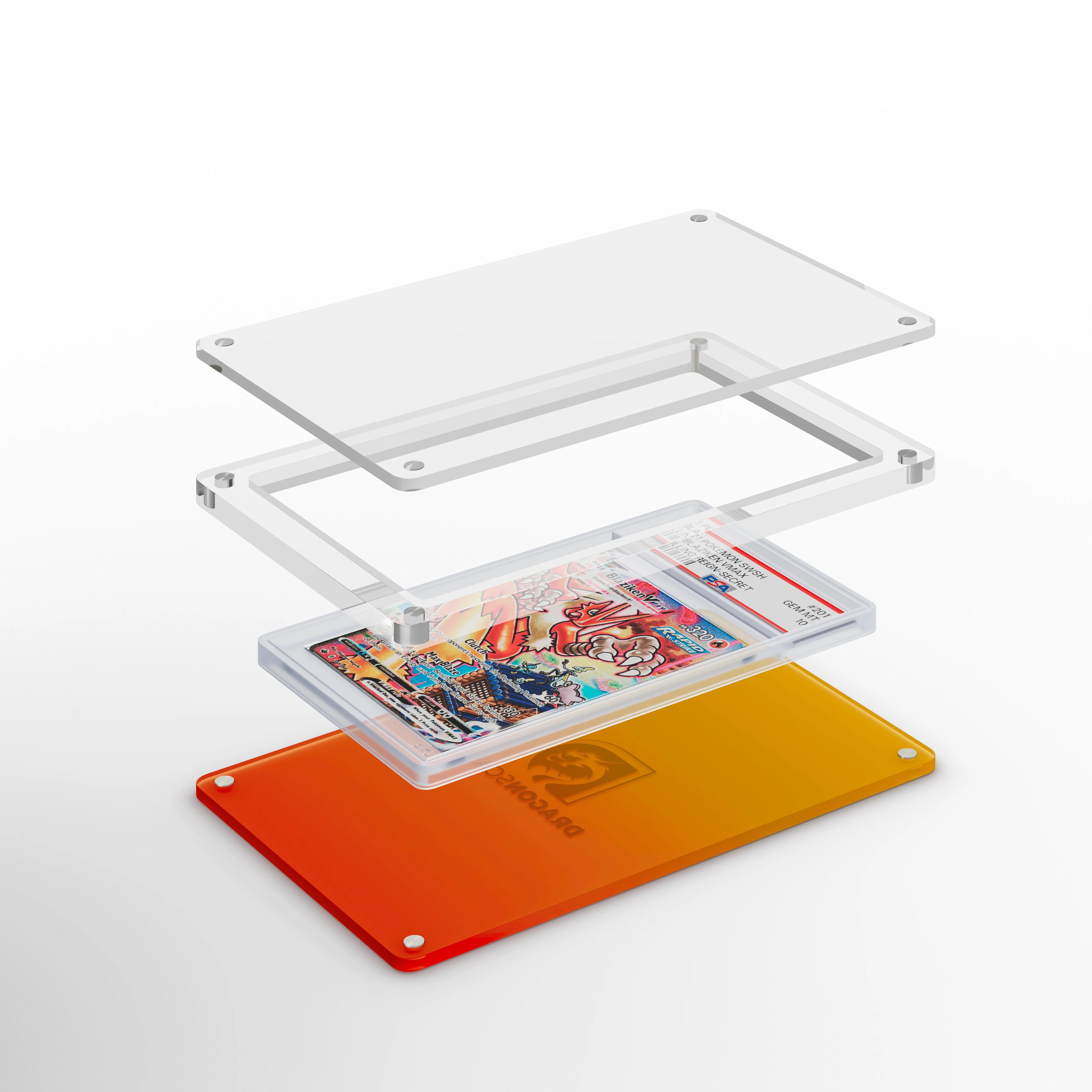 Expanded layered view of the Dragonscale Wyrmslate Blaze PSA acrylic display frame with a Blaziken VMAX Chilling Reign PSA 10 Pokemon card slab between transparent panels.